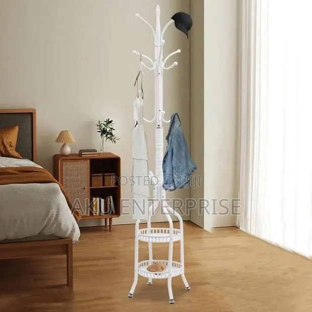 Coat Hanger Stand With Double Layer Basket Freestanding Hat Hall Tree · Photo 1