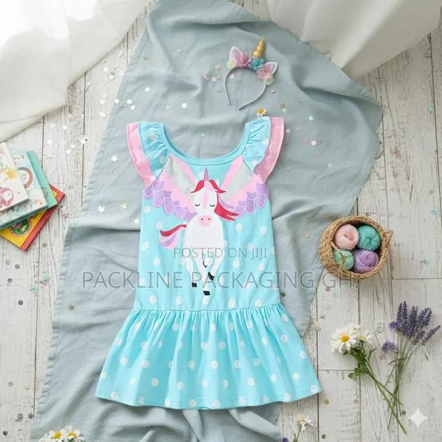 Girls Dress Children Causal Wear Blue Dress With Unicorn · Photo 1
