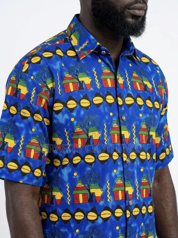 Men’s Blue Heritage Motif African Print Short-Sleeve Shirt · Photo 2