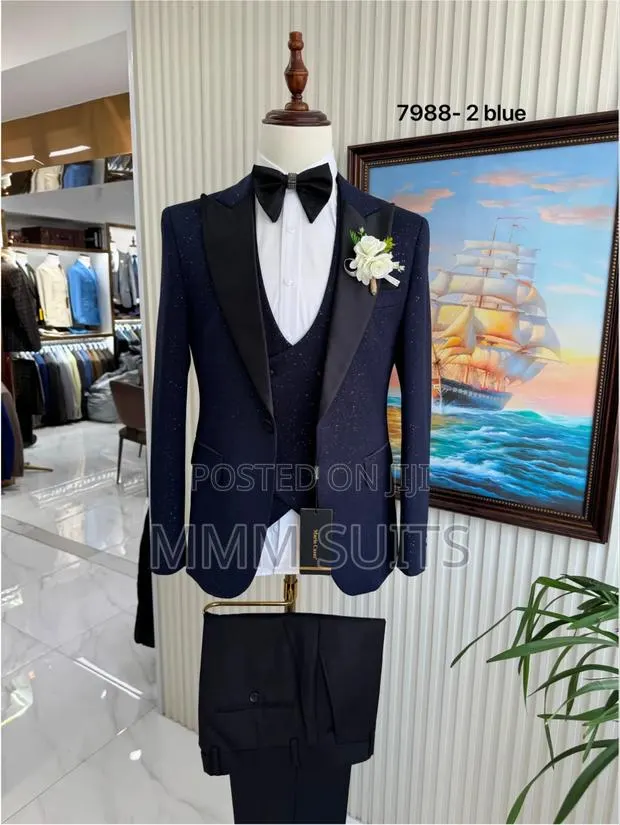 Classic and Elegant 3-Piece Tuxedo Men's Suit With Crystals Blue-Black · Photo 1
