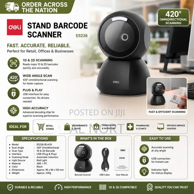 Deli E5236 Stand Barcode Scanner – Black · Photo 1