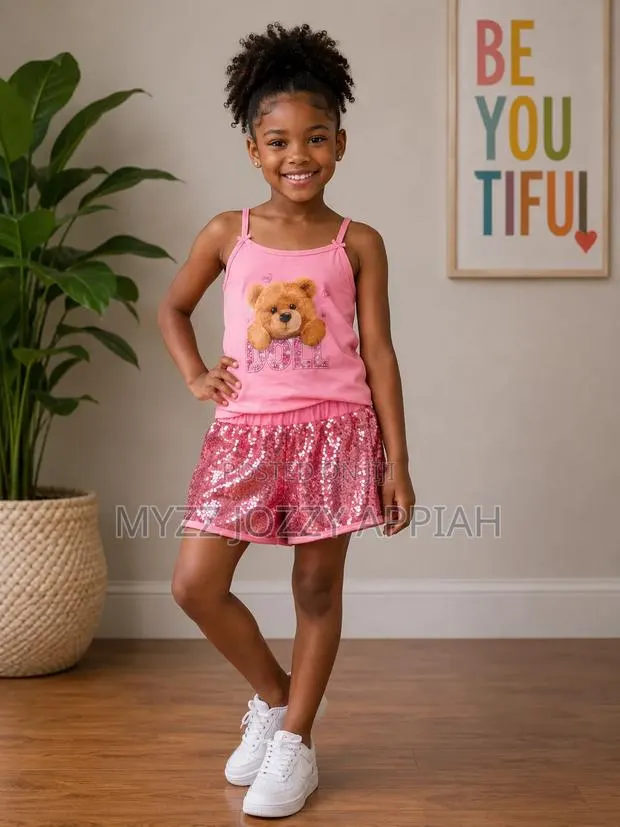 Girls’ Pink Teddy Bear Top and Sequin Shorts Set · Photo 1