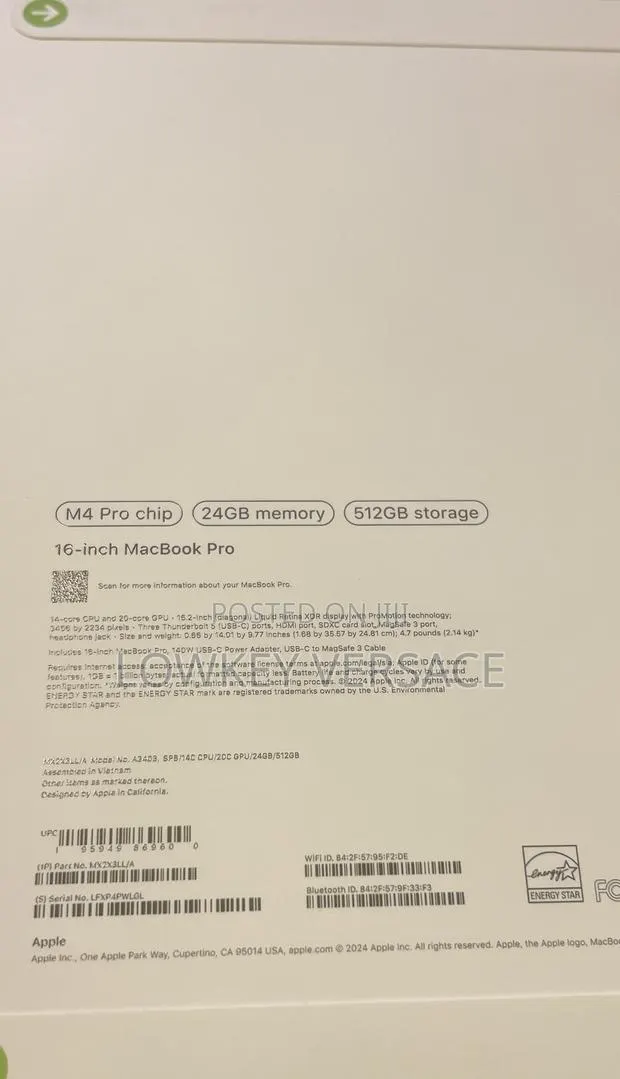 New Apple MacBook Pro 2024 M4 Pro 16-Inch 24GB Apple M4 Pro SSD 512GB