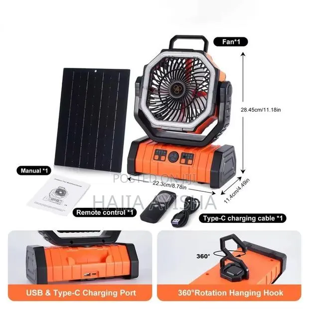20,000mAh Solar Rechargeable Fan With Lamp, Remote Solar Panel · Photo 1