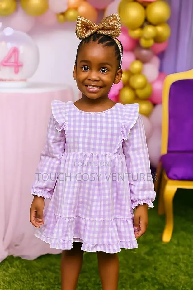 Light Purple Checkered Ruffle Dress With Gold Bow (4 Yrs) · Photo 1