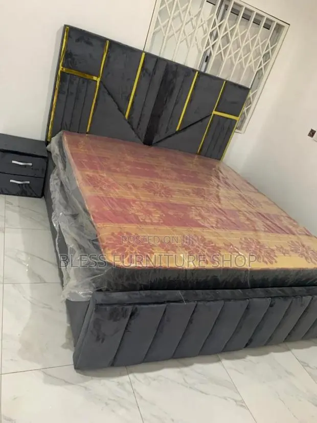 Gray and Gold Queen Size Bed Frame With Side · Photo 1