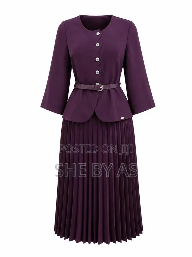 She by AS Elegant Ladies Corporate Pleated Dress Set With Belt – Plum · Photo 1