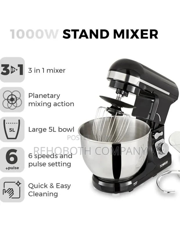 Tower T12033 3-in-1 5l Stand Mixer With 6 Speeds 1000w, Black · Photo 1