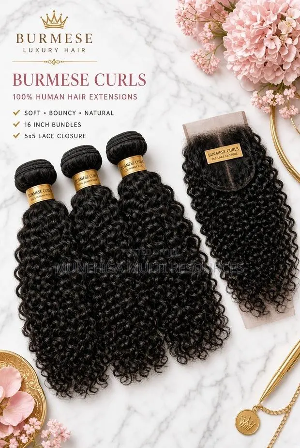 Burmese Curls – 16” 3 Bundles + 16” 5×5 Closure · Photo 1