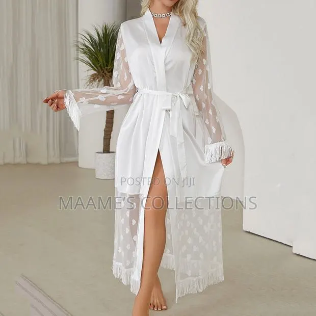 Luxury White Satin Bridal Robe With Heart Mesh Sleeves Tassel Hem · Photo 1