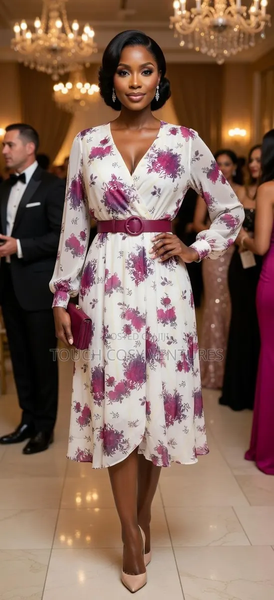 Burgundy Bloom Wrap Midi Dress (L, Xl, 2xl) · Photo 1