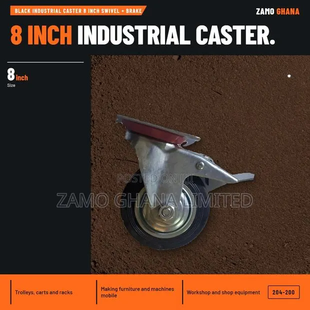 Black Industrial Caster 8 Inch Swivel + Brake - 204-200 · Photo 1