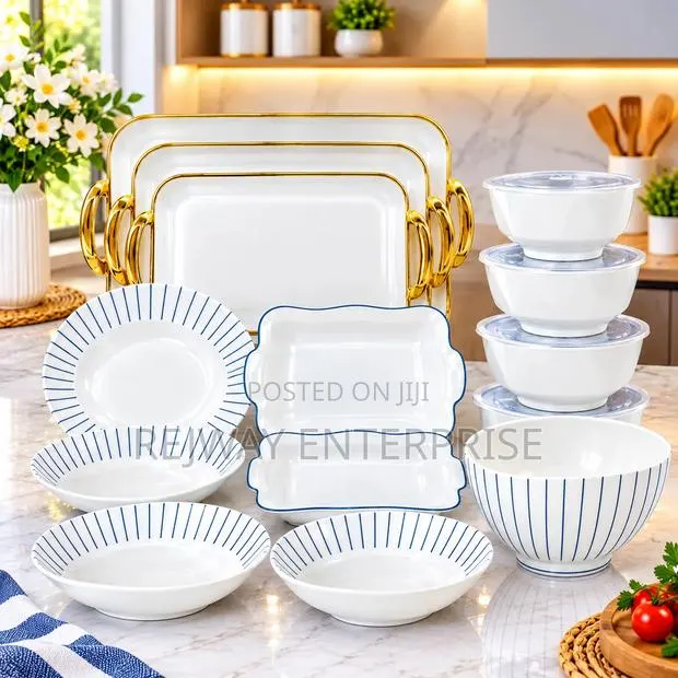 White and Gold Dinner Ware Set With Gold-Trimmed Serving Trays · Photo 1