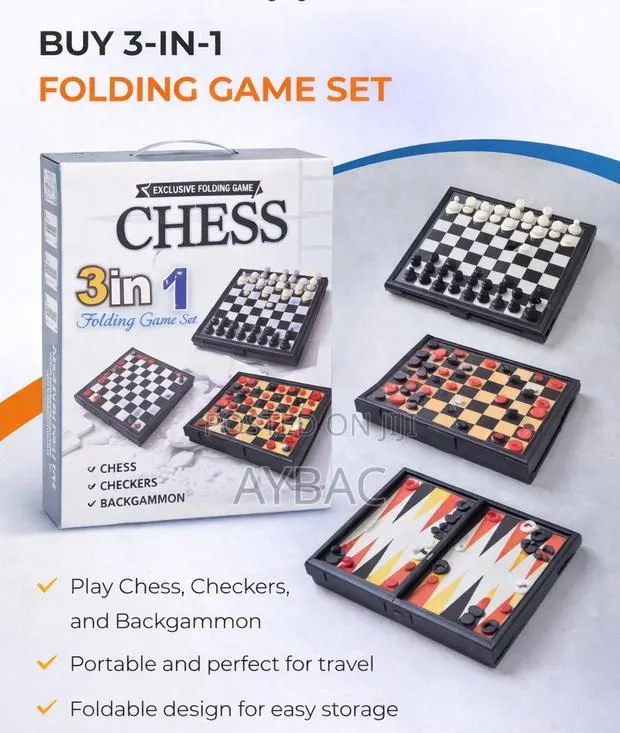 3-in-1 Folding Board Game Set – Chess, Checkers Backgammon