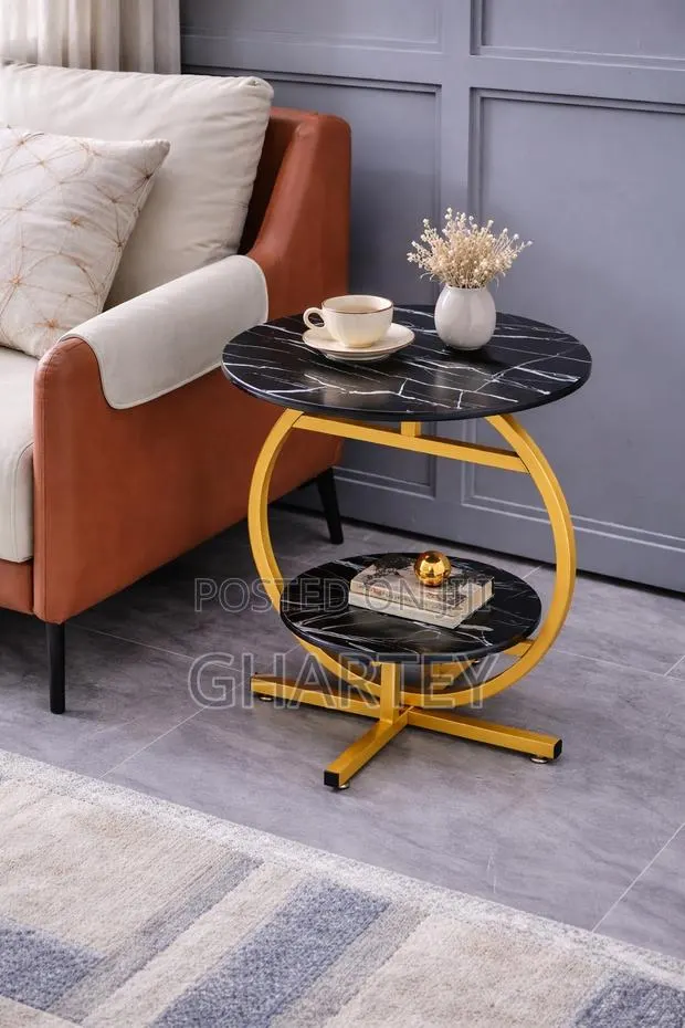 Luxury Black Woodmarble Like Two-Tier Side Table With Gold Frame · Photo 1