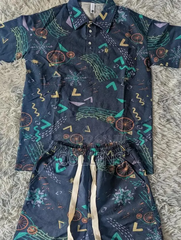 Men’s Retro Geometric Print 2-Piece Short Set – Navy Blue