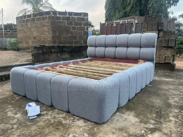 Luxury Blue Bouclé Bed Frame by Woodland · Photo 1