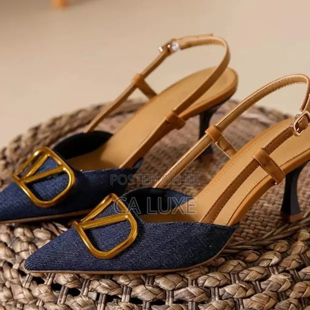 Blue Denim and Tan Slingback Kitten Heels Size 38-42 for Party Office