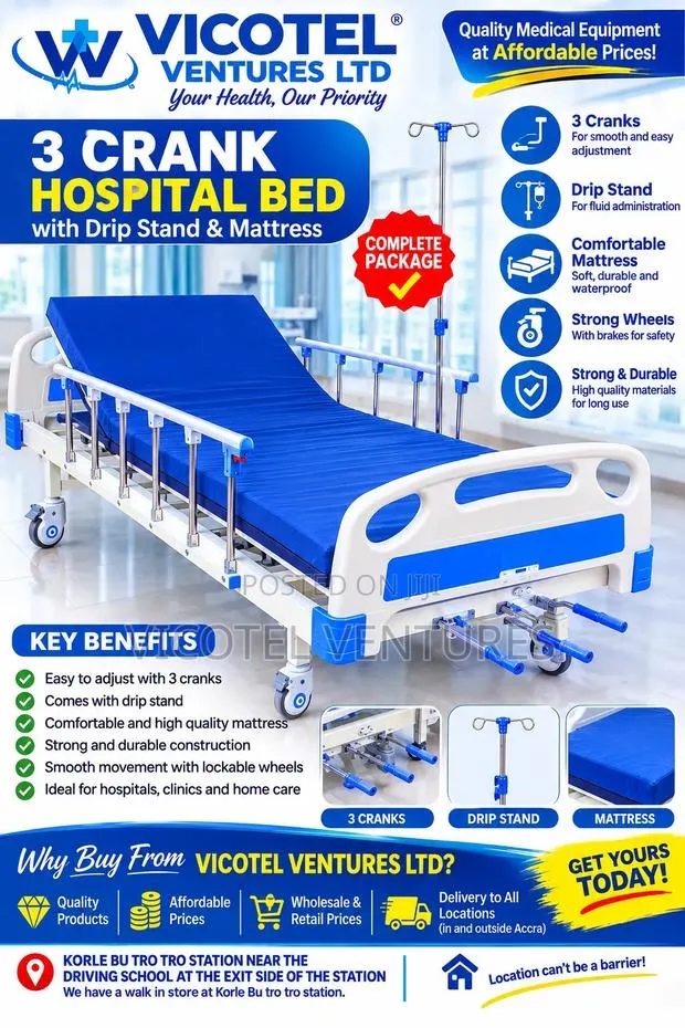 3 Crank Hospital Bed With Mattress and Drip Stand · Photo 1