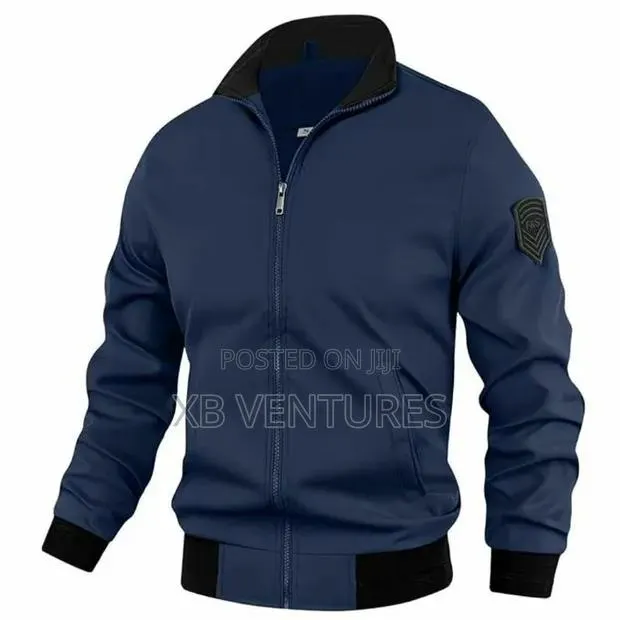 Men's Navy Blue Stand-Collar Bomber Jacket With Sleeve Emblem · Photo 1