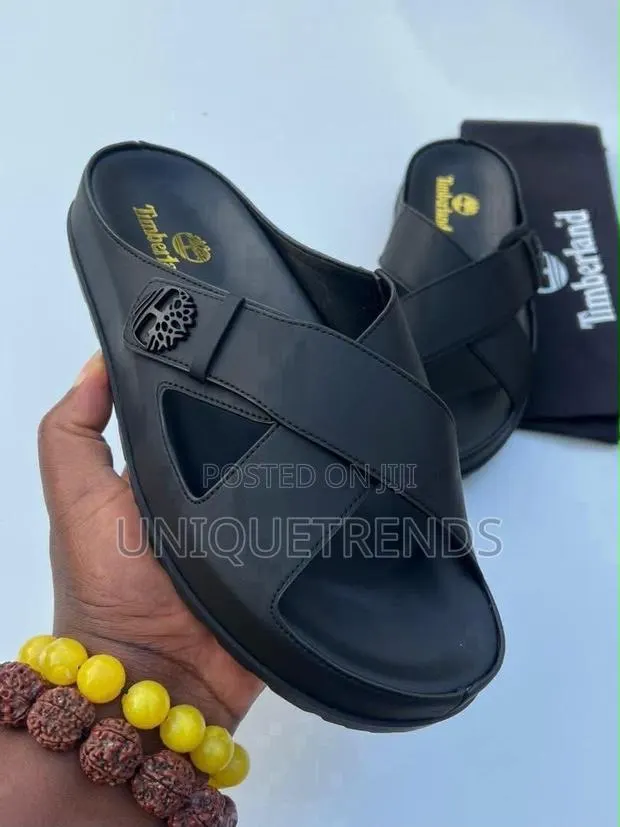 Timberland Cross-Strap Leather Slides (Black and Brown) · Photo 1